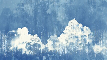 Stipple illustration of cumulus clouds background with glitch technique, blending traditional pointillism and modern digital effects to create a unique atmospheric visual in monochrome shades