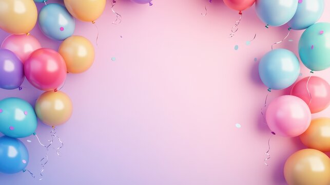 Colorful Balloons and Confetti Border on Pink Background for Birthday Party or Celebration Design