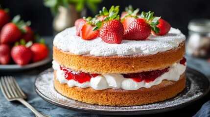 A classic Victoria sponge cake, layered with whipped cream and strawberry jam, dusted with powdered sugar and garnished with fresh strawberries