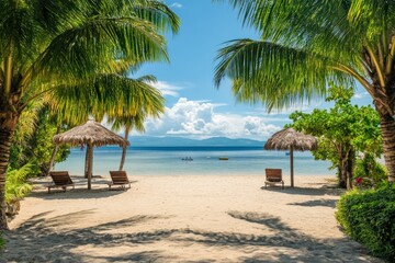 Tropical beach scene with palm trees and a tranquil setting.