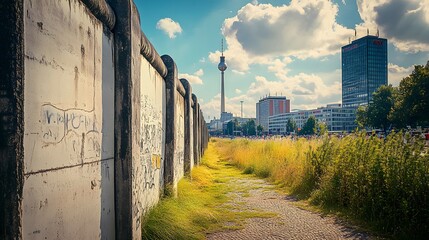 175. **Illustrate the Berlin Wall Memorial with sections of the historic wall standing out against a modern city backdrop.**