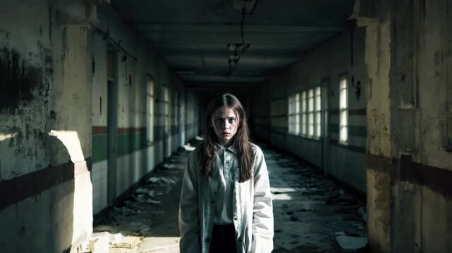 Fearful Young Girl In Abandoned Building