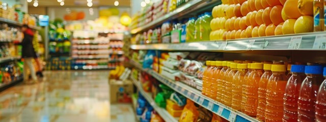 Fototapeta premium Wide-angle view of a supermarket aisle filled with colorful products.