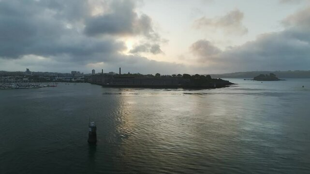 Sunrise over Plymouth from a drone, Devon, England