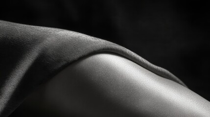 The curve of a lower back is highlighted by soft fabric, creating an elegant silhouette in a tranquil, softly lit environment