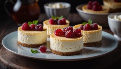 Mini cheesecakes crafted from creamy cottage cheese, each adorned with vibrant raspberries for a delightful treat. Generative AI