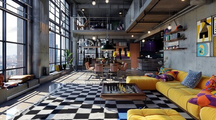 Spacious loft floortoceiling windows and a giant chess board on the floor The vibrant decor modern furniture and openplan design create a dynamic and inviting space for both living and chess playing