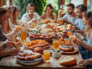 People enjoying traditional German food like sausages and sauerkraut at a communal table, cozy and social