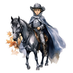 A young boy in a grey cloak riding a black horse