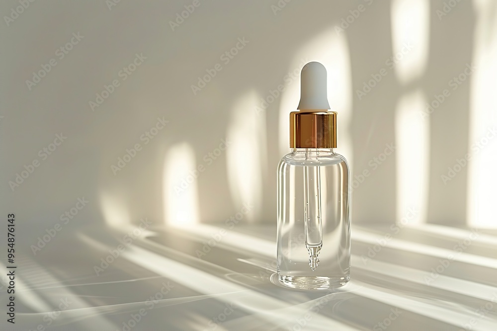 Wall mural natural oil cosmetics. dropper glass bottle mock-up. oily cosmetic pipette. face and body treatment.