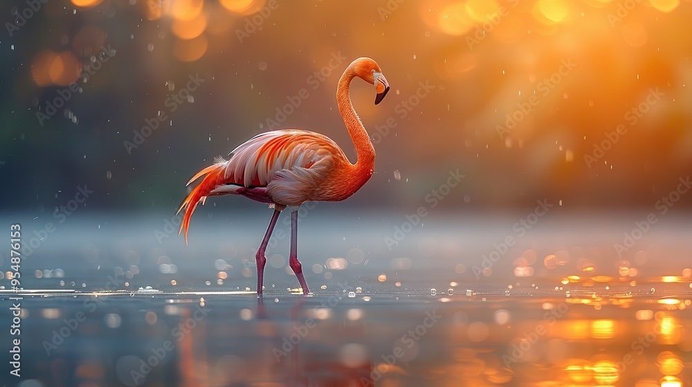 Canvas Prints Pink Flamingo in Water with Sunset Bokeh