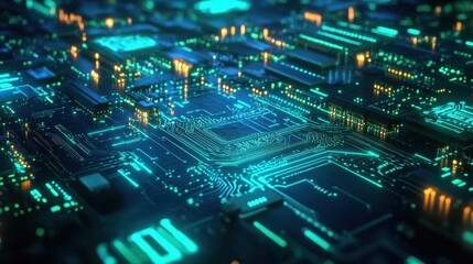 Fototapeta premium Abstract Futuristic Circuit Board with Glowing Green Lines and Orange Lights.