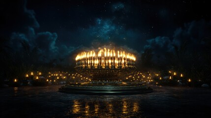 Fototapeta premium A large menorah illuminated with candles stands majestically under a starry night sky, surrounded by soft glowing lights in a tranquil, natural setting.