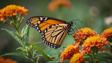 Obraz premium Side view Monarch butterfly on vibrant orange flower 