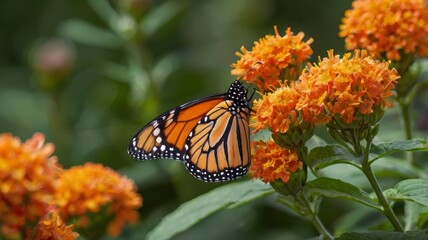 Fototapeta premium Side view Monarch butterfly on vibrant orange flower