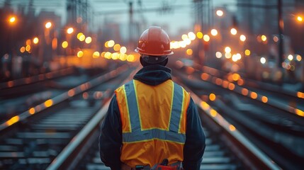 Construction worker standing on train tracks with glowing lights in the distance