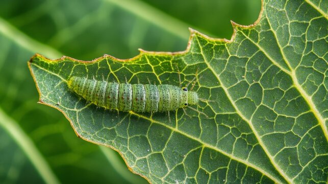 A close-up of a leaf with a caterpillar camouflaged among the veins, emphasizing the insect blending ability and the leaf details.