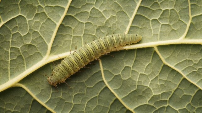 A close-up of a leaf with a caterpillar camouflaged among the veins, emphasizing the insect blending ability and the leaf details.