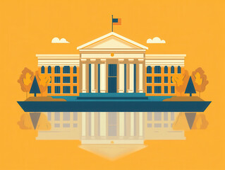 Obraz premium A stylized illustration of central bank building with flag, surrounded by trees and reflecting in water, set against vibrant yellow background.