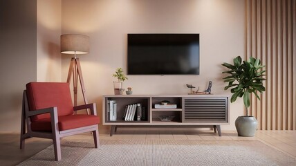 Modern Minimalist Living Room with Red Accent Chair.