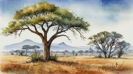 Obraz premium Simple watercolor illustration of savanna landscape