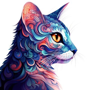 Digital art of a cute cat with an abstract Zentangle detailed design. Intricate illustration for art and decor.