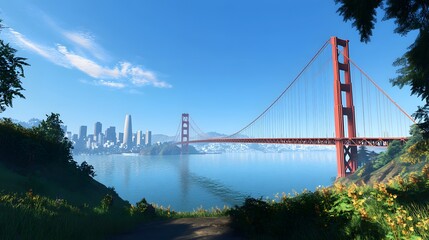 172. **Render the Golden Gate Bridge with a clear blue sky and the San Francisco skyline in the distance.**