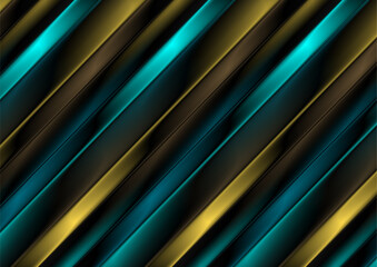 Blue and golden metallic shiny stripes geometric abstract background. Vector design