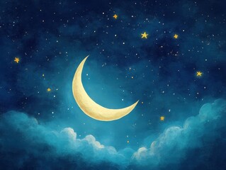 Naklejka premium Watercolor Night Sky with Crescent Moon and Stars Background Illustration.