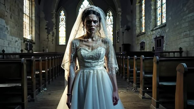 Scared Young Bride In Haunted Church