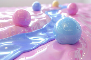 Blue and pink paint flowing with spheres 3d render