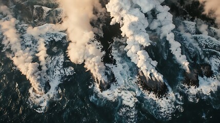 Spectacular aerial view of a lava explosion creating a new island in the middle of the ocean with plumes of smoke and steam rising from the boiling water