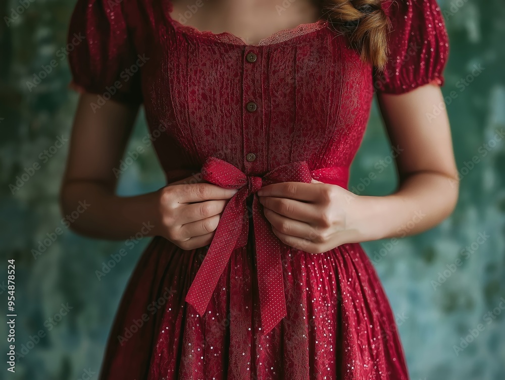 Wall mural Close-up of a woman adjusting the bow on her dirndl dress, traditional Bavarian style, indoor setting