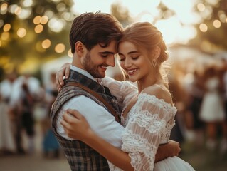 Couple in traditional Bavarian outfits dancing together at an outdoor Oktoberfest festival, joyful and romantic