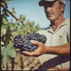 Obraz premium A vintage-style photograph of a grape farmer during harvest, showcasing traditional winemaking and vineyard work, ideal for themes of agriculture, wine production, and heritage.