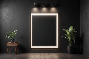Empty black Poster mockup on the black wall with backlight, AI Generated