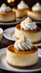 A close-up view showcases a delicious cheesecake made with cottage cheese, beautifully plated with a swirl of whipped cream top, highlighting its creamy texture and inviting appearance. Generative AI