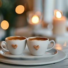 Obraz premium Two white ceramic cups with heart-shaped designs containing lattes on a saucer, with a softly lit, warm, and romantic candlelight background, perfect for coffee shop promotions or romantic settings,