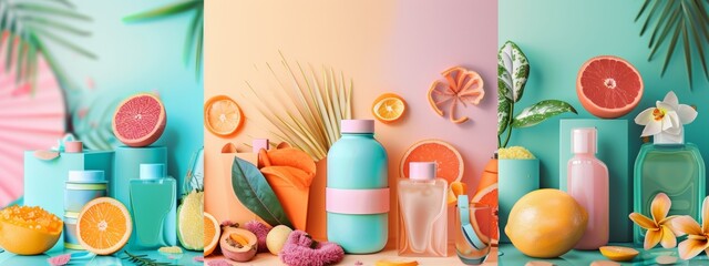 Obraz premium Tropical-inspired beauty product display with fresh citrus and green foliage.