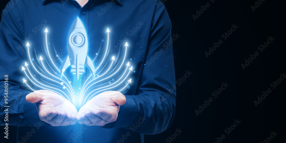 Poster close up of businessman hands holding creative glowing rocket spaceship and arrows hologram on dark 