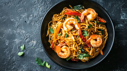Top view of stir-fry noodles with vegetables and shrimp in a black bowl, set against a slate background with ample copy space. 