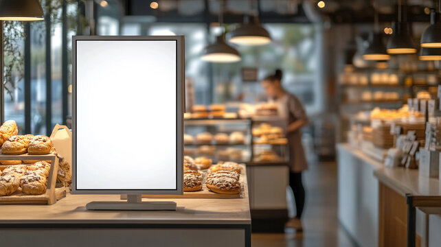 Mockup of a blank white poster in a modern bakery store