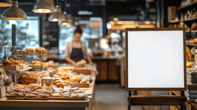 Mockup of a blank white poster in a modern bakery store