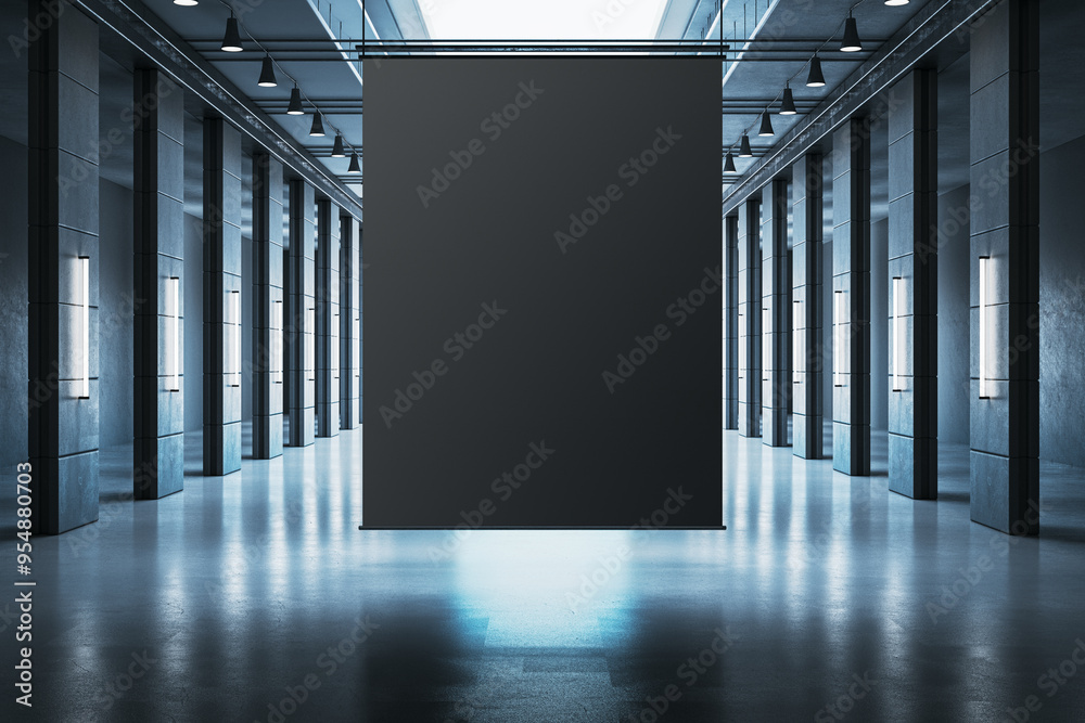 Poster contemporary office corridor with reflections and empty black mock up banner. 3d rendering.