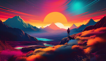 Lone Explorer in a Surreal Sunset Landscape