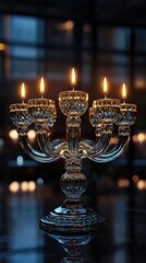 Fototapeta premium A stunning crystal candelabra with five lit candles, reflecting light beautifully in a dimly lit, elegant indoor setting.