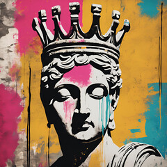 Art Concept, Street Art Graffiti Crown on Ancient Greek Statue Head - Contemporary Art Concept, Grunge Pop Art Poster, Interior Painting, Print Design, Modern Abstract Art.