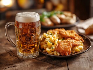 Beer stein filled with frothy beer, served alongside a plate of crispy schnitzel and potato salad, satisfying and traditional