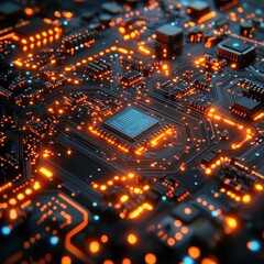 Close-up of a Glowing Circuit Board with Orange and Blue Lights - Technology Abstract