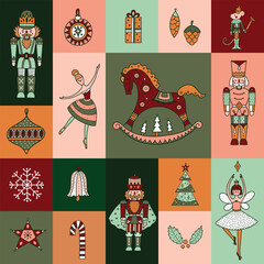 Cute Christmas vector seamless Nutcracker pattern. Can be used for wallpaper, pattern fills, web page background, surface textures.